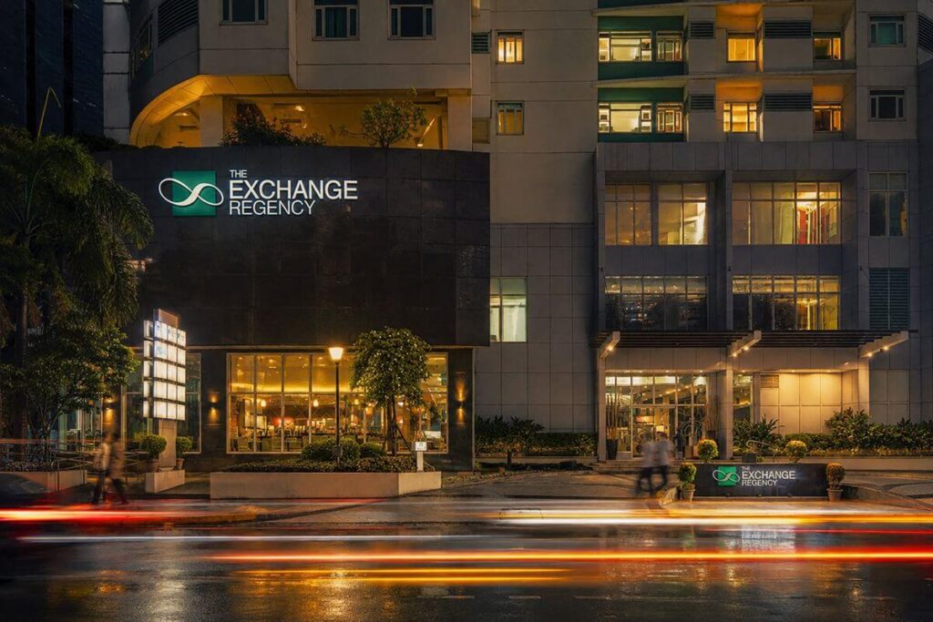 Exterior of The Exchange Regency condominium in Ortigas at night