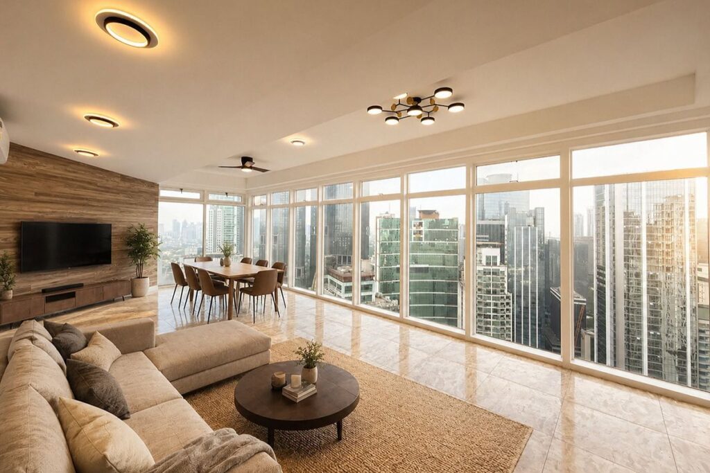 Spacious Makati condominium interior with floor-to-ceiling windows and city views